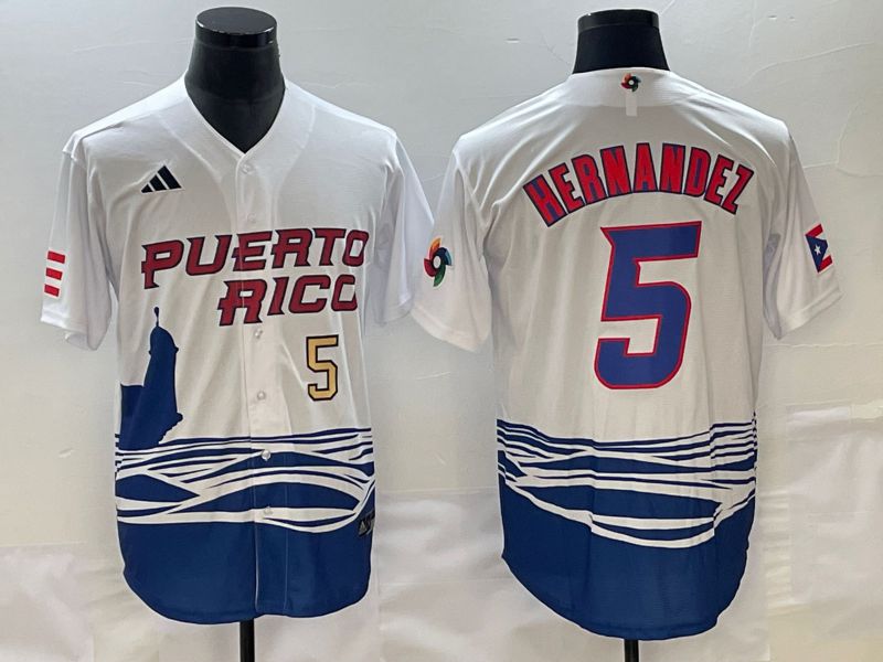 Men 2023 World Cub Puerto Rico 5 Hernandez White Nike MLB Jersey3